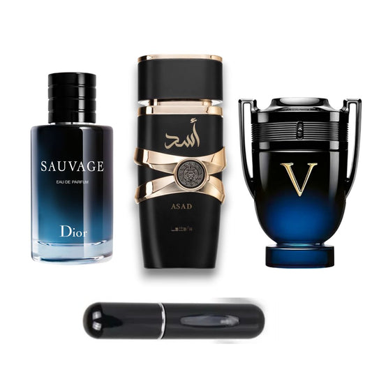 Kit de perfumes (ASAD+SAUVAGE+INVICTUS VICTORY ELIXIR) + Perfumero